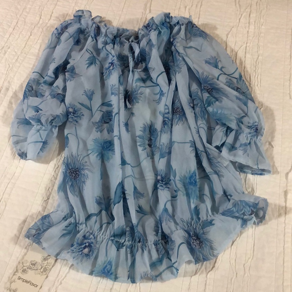 SimpleFlavor Sheer Blue Floral ~ Bishop Sleeve ~  Off Shoulders Top